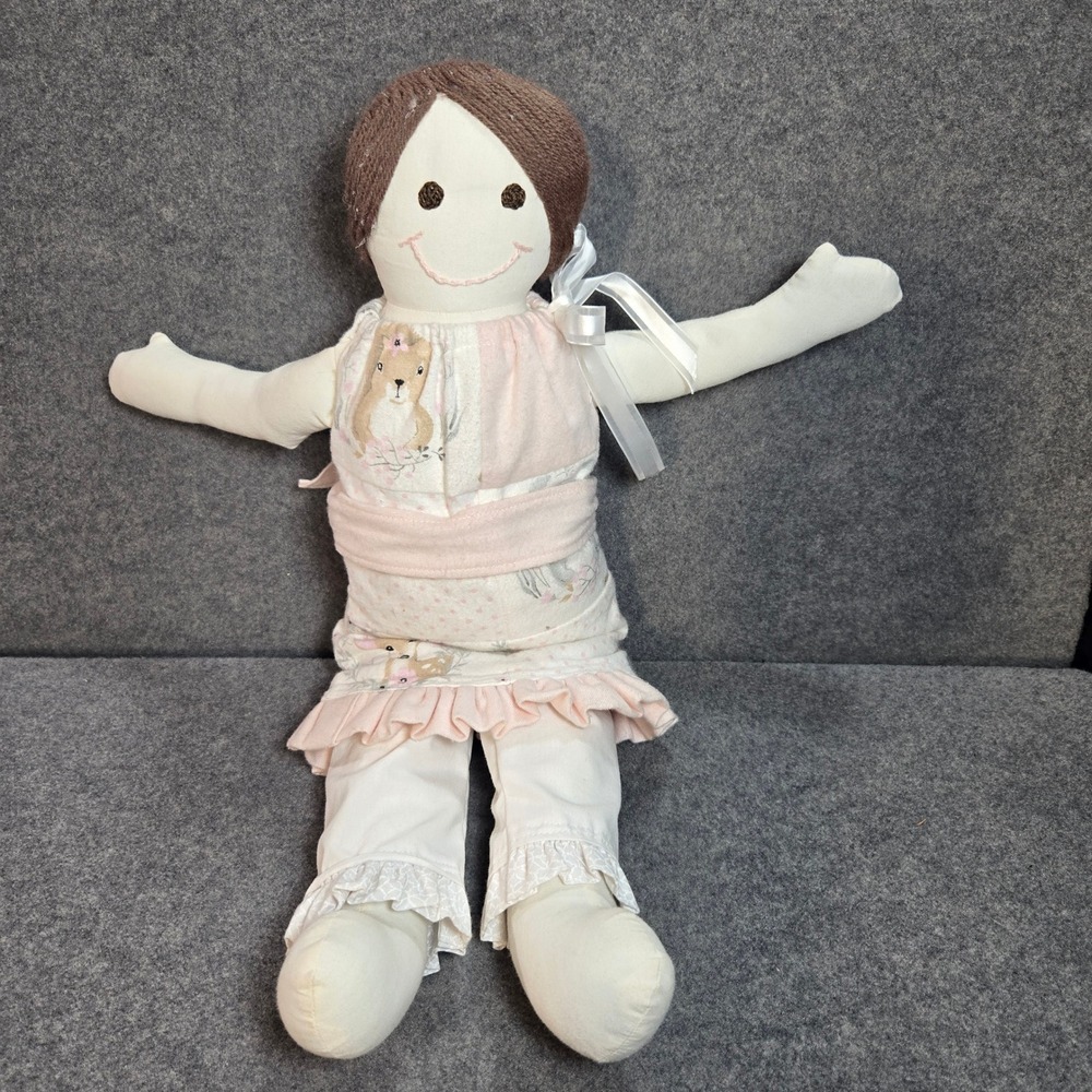 Handmade Cloth Rag Doll Brown Yarn Braid Pink Woodland Deer Outfit 18 In Unique